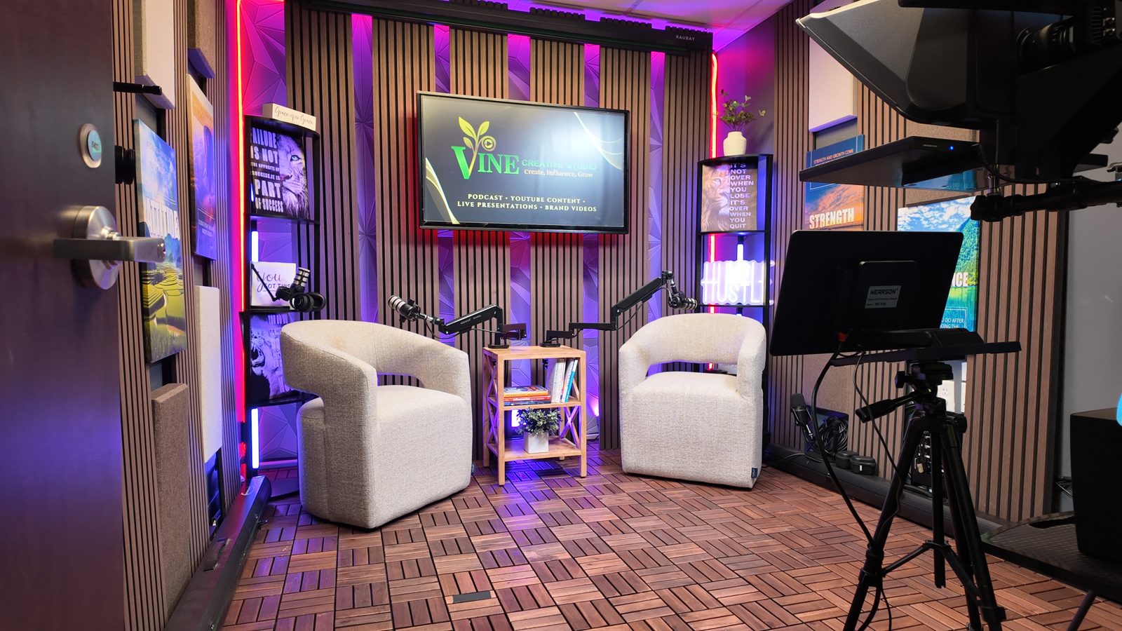 The Vine studio podcast set, ready to record
